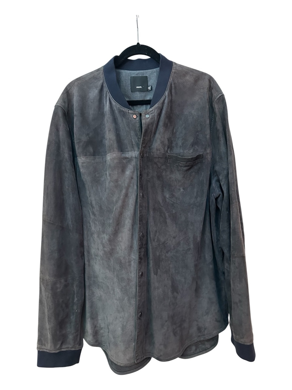 Vince Gray Suede Bomber Jacket with Navy Trim